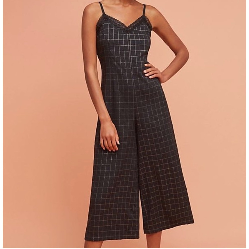 Anthropologie Corey Lynn Calter Jumpsuit Women 6 Black Gold Margo Grid Lace Trim